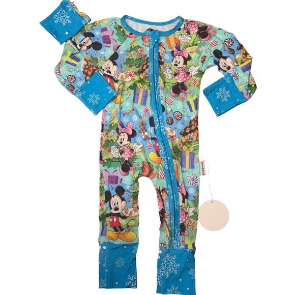 NWT Mickey Minnie Holiday Bamboo Zip Onesie 0-3M Christmas Gingerbread Grip Feet - Picture 1 of 10